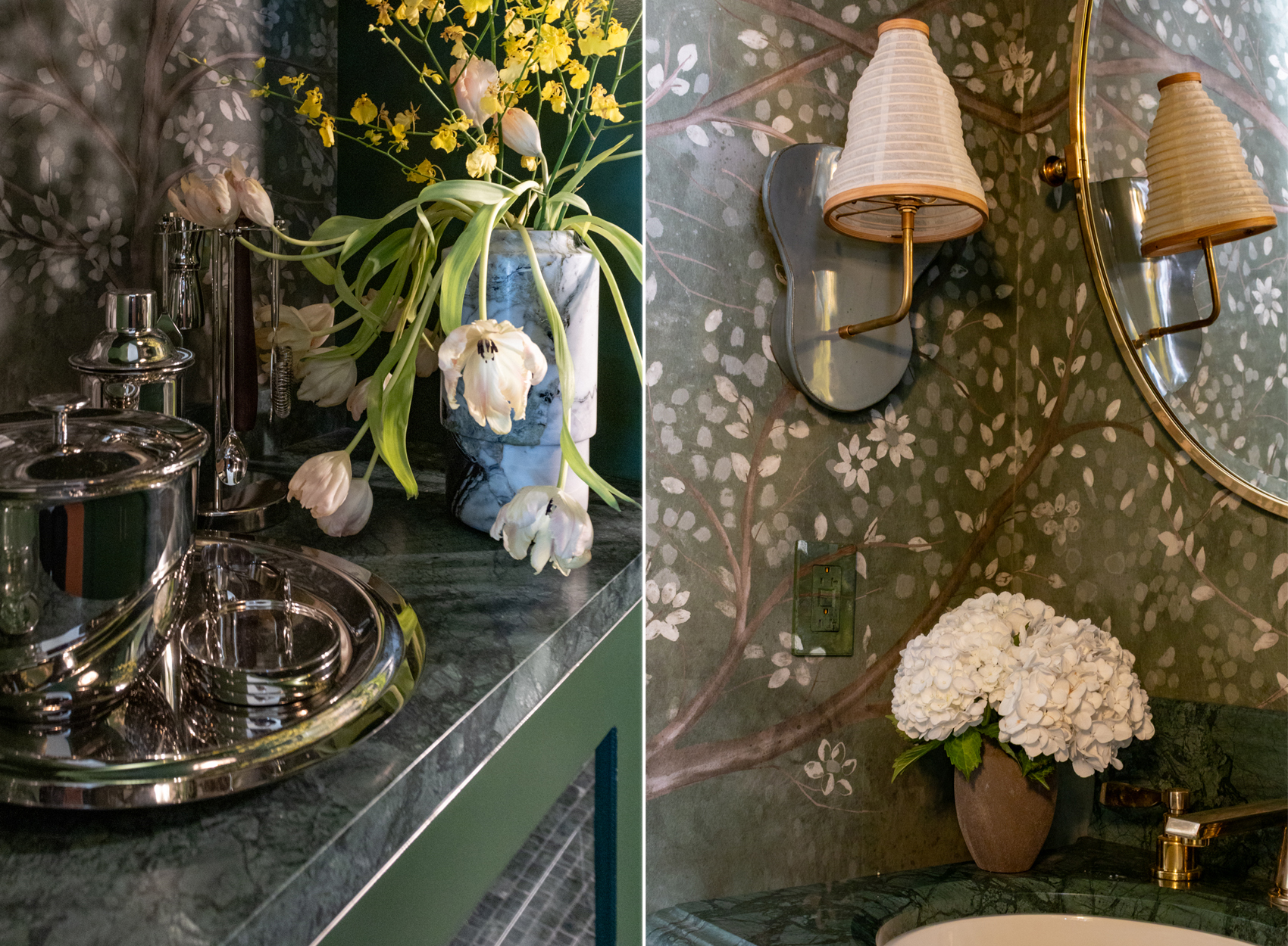 details of a powder room sink and barware