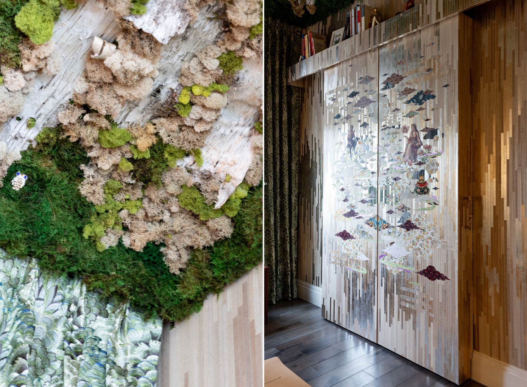 a mossy ceiling and a decoupaged door in a wellness suite