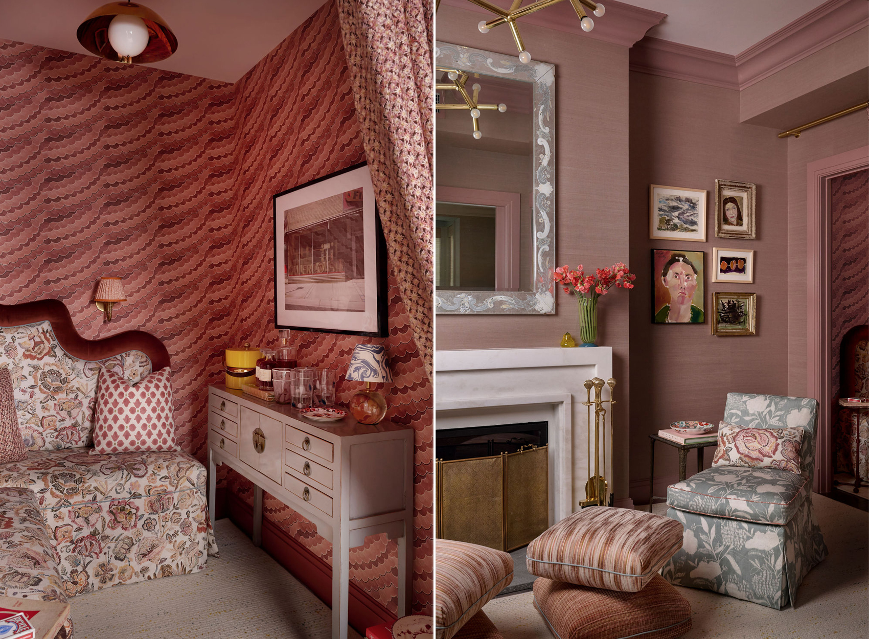 pink hued room with a mantel