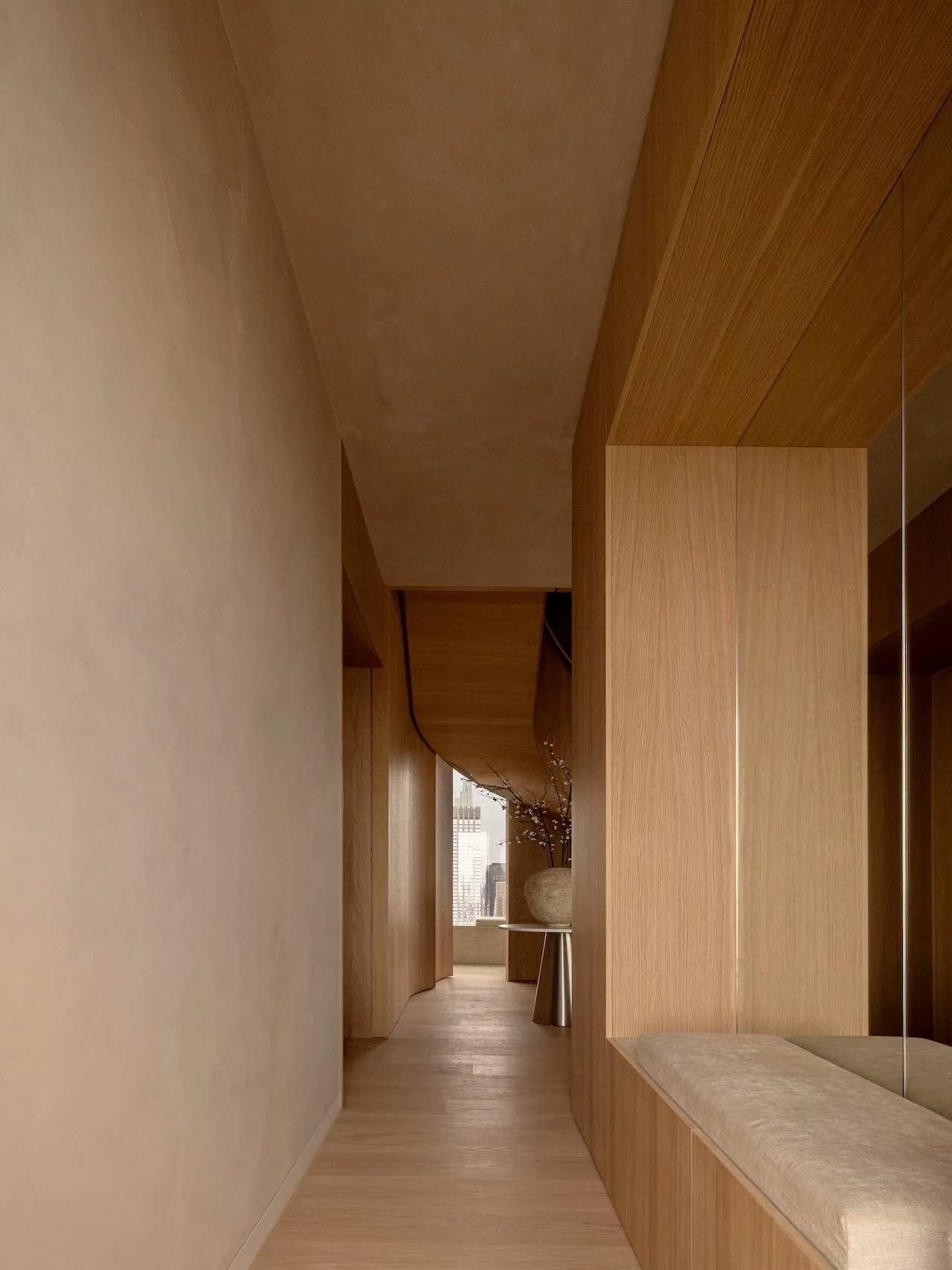 Panoramic city views highlighting the serene architectural design.