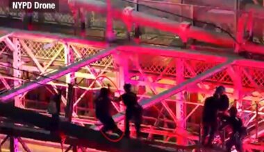 Drone footage captures moment police fatally shoot knife-wielding nut -- as he lunges at them from atop the Brooklyn Bridge