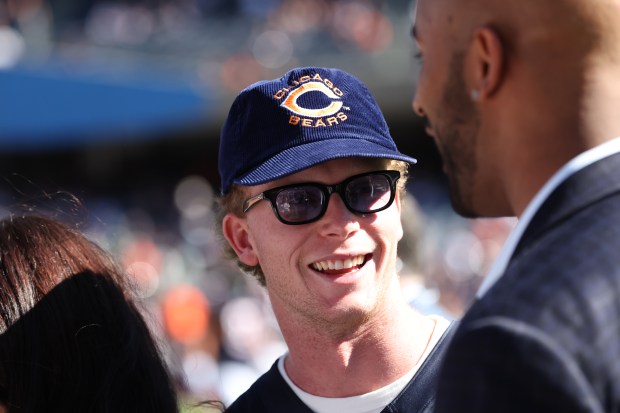 The Cubs Pete Crow Armstrong is on the field before the Bears game against the New York Jets on Oct. 4, 2026, at Soldier Field in Chicago. (Brian Cassella/Chicago Tribune)