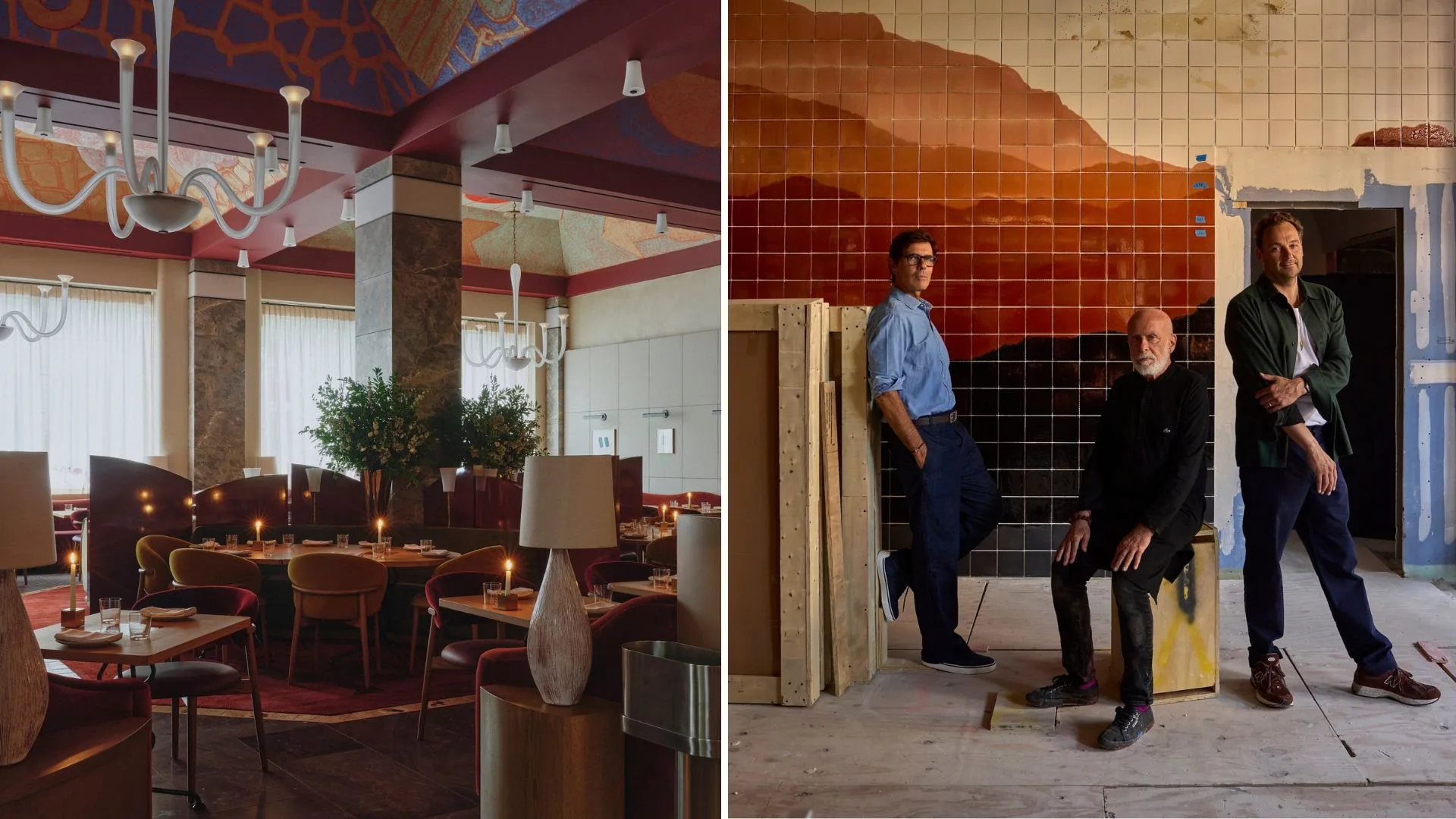 Inside view of daniel humm manhattan restaurant, featuring colorful frescoed ceilings and elegant decor.