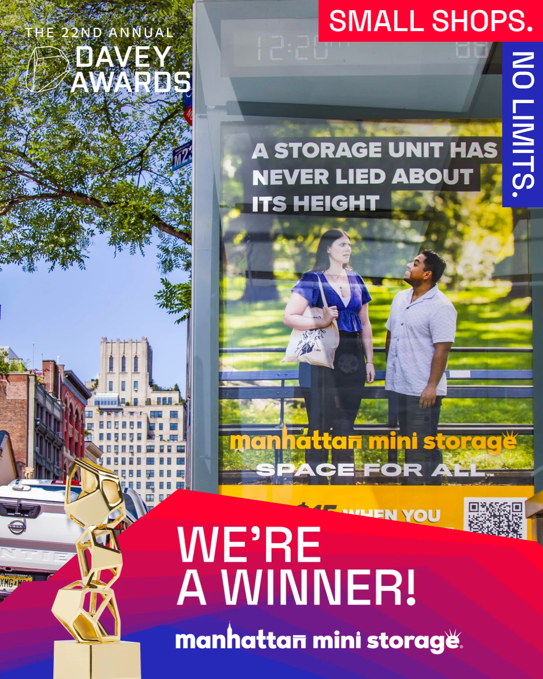Promotional graphic announcing Manhattan Mini Storage as a winner of the 22nd Annual Davey Awards. A gold Davey trophy sits in the bottom left corner.