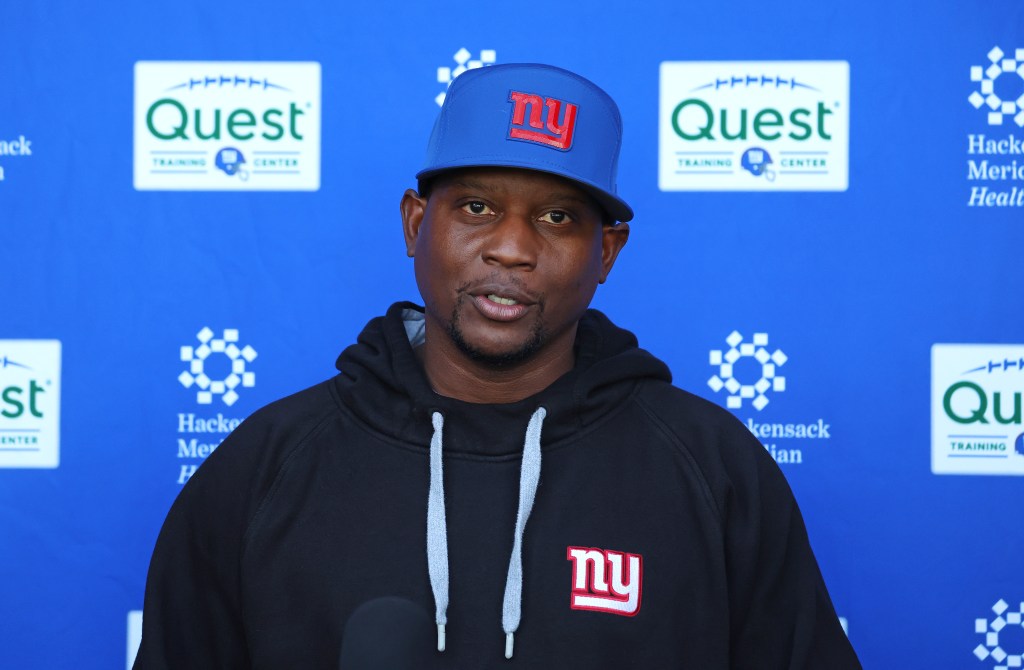 Giants Defensive Coordinator Dennard Wilson speaks at a press conference as the New York Giants practice at Quest Diagnostics Training Center in East Rutherford, N.J., Thursday, Oct. 15, 2026.
