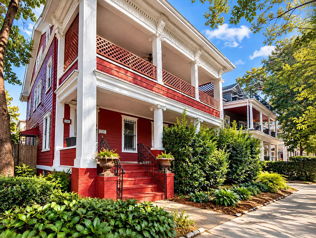 exterior photo of wooden house with balconies