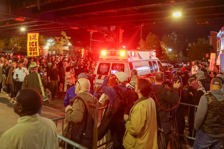 Protesters march from the scene of the shooting to a nearby hospital after an ICE officer shot a man in New York City on October 8, 2026