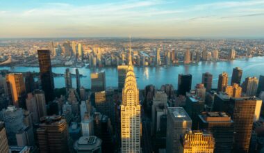 Aerial view of New York City skyline featuring the Chrysler Building, with the East River and Queens in the background under a blue sky at sunset.