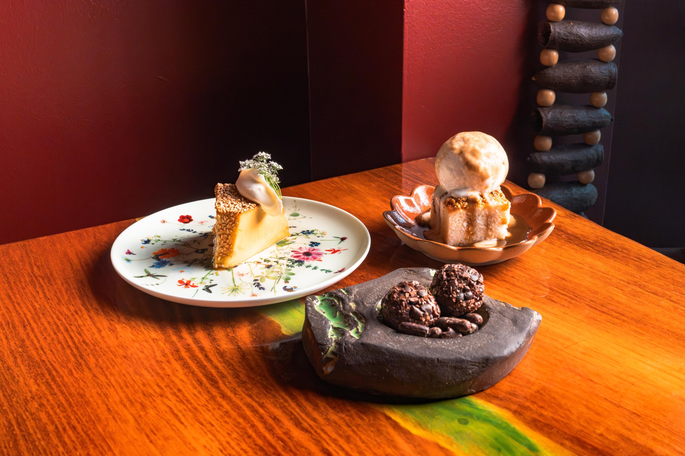 Three plates of desserts.