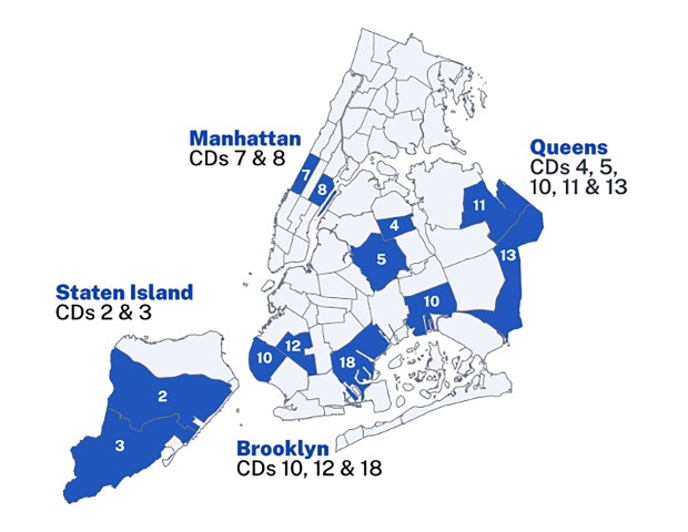 A map of the New York City districts identified as the worst producers of affordable housing, which will be on an affordable housing "fast track" starting next year. (Department of City Planning)