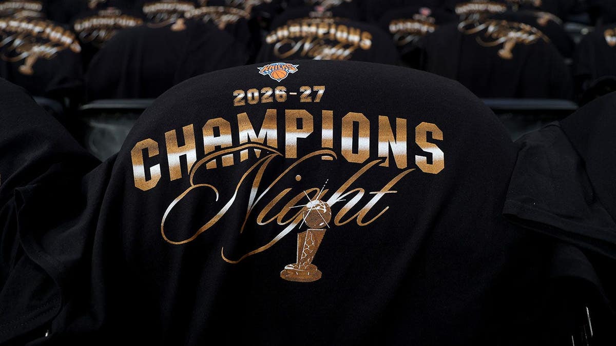 New York Knicks Champions Night t-shirts displayed before a game at Madison Square Garden.