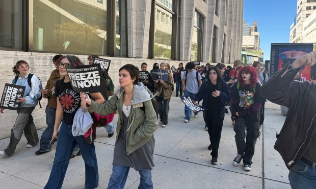 LaGuardia High School students rally outside Lincoln Center on Tuesday, Oct. 20, 2026 to demand a freeze on artificial intelligence.