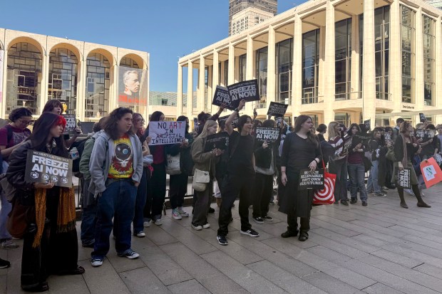 LaGuardia High School students rally outside Lincoln Center on Tuesday, Oct. 20, 2026 to demand a freeze on artificial intelligence.