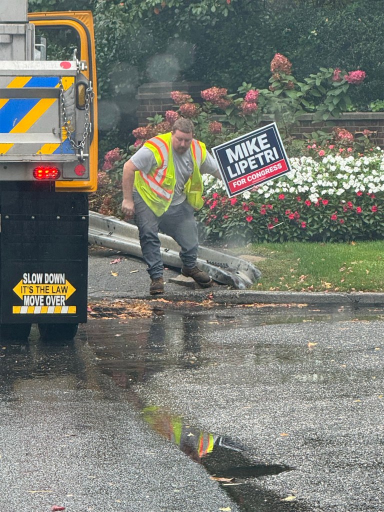 A Department of Transportation worker removes a Mike LiPetri campaign sign in Oyster Bay.