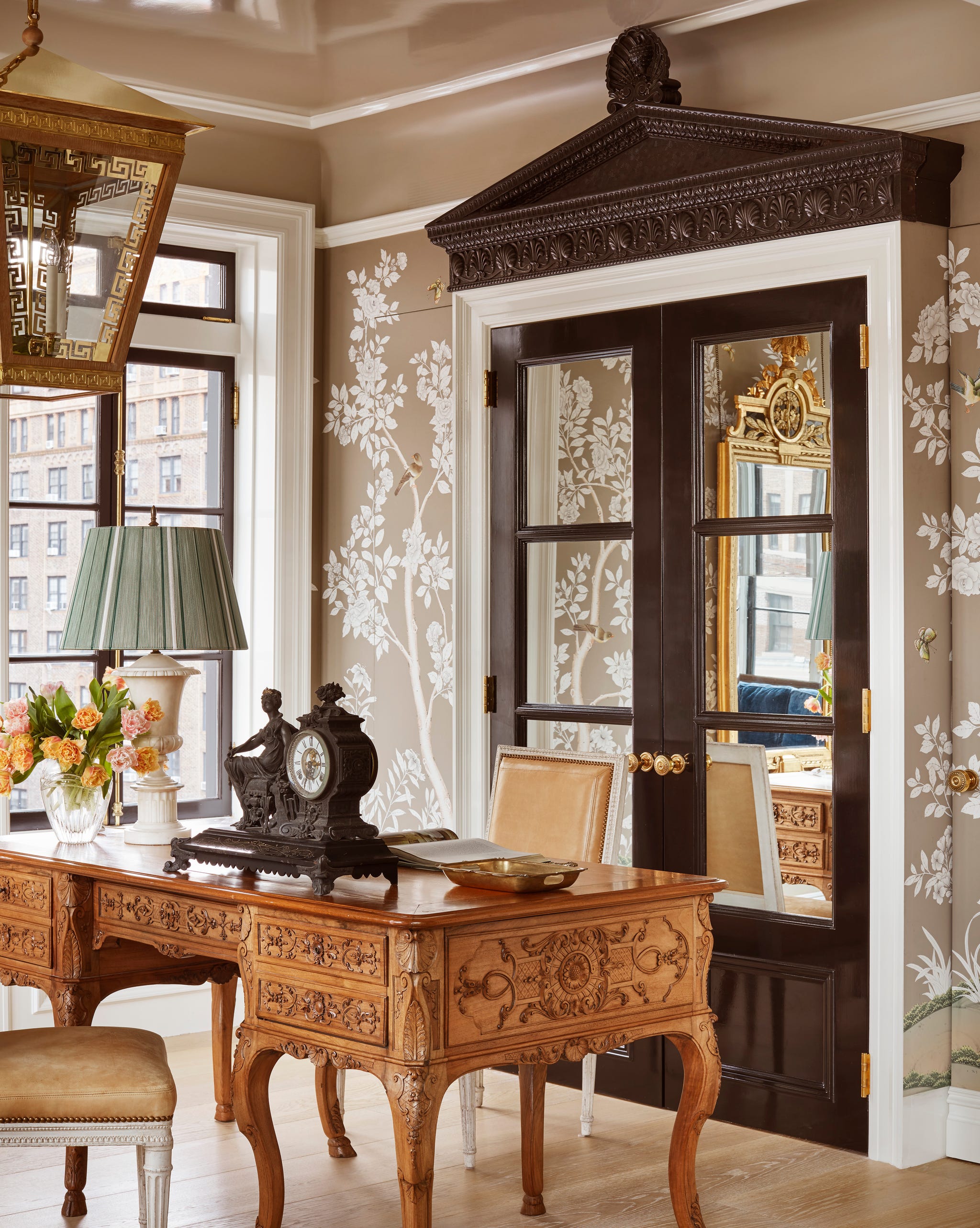 Marshall Watson New York Apartment Study study with large wood desk and french doors behind it