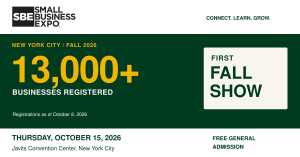 Small Business Expo graphic announcing 13,000+ registered businesses and its first fall NYC show at Javits on October 15, 2026.