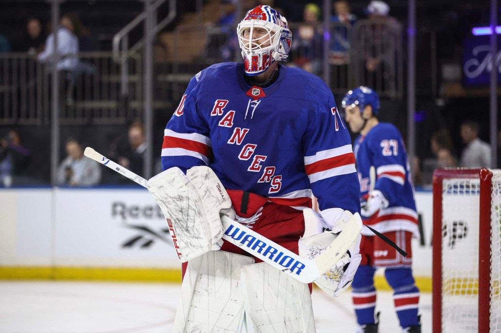 New York Rangers goaltender Joonas Korpisalo (70) on the ice during a game against the New Jersey Devils.