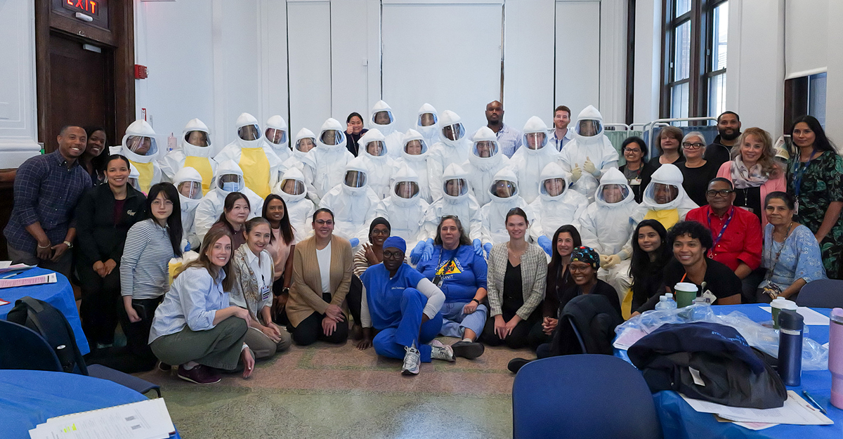 Health care workers from NYC Health + Hospitals/Elmhurst, NYC Health + Hospitals/Harlem, and NYC Health + Hospitals/Jacobi alongside instructors from the Region 2 RESPTC training at NYC Health + Hospitals/Bellevue