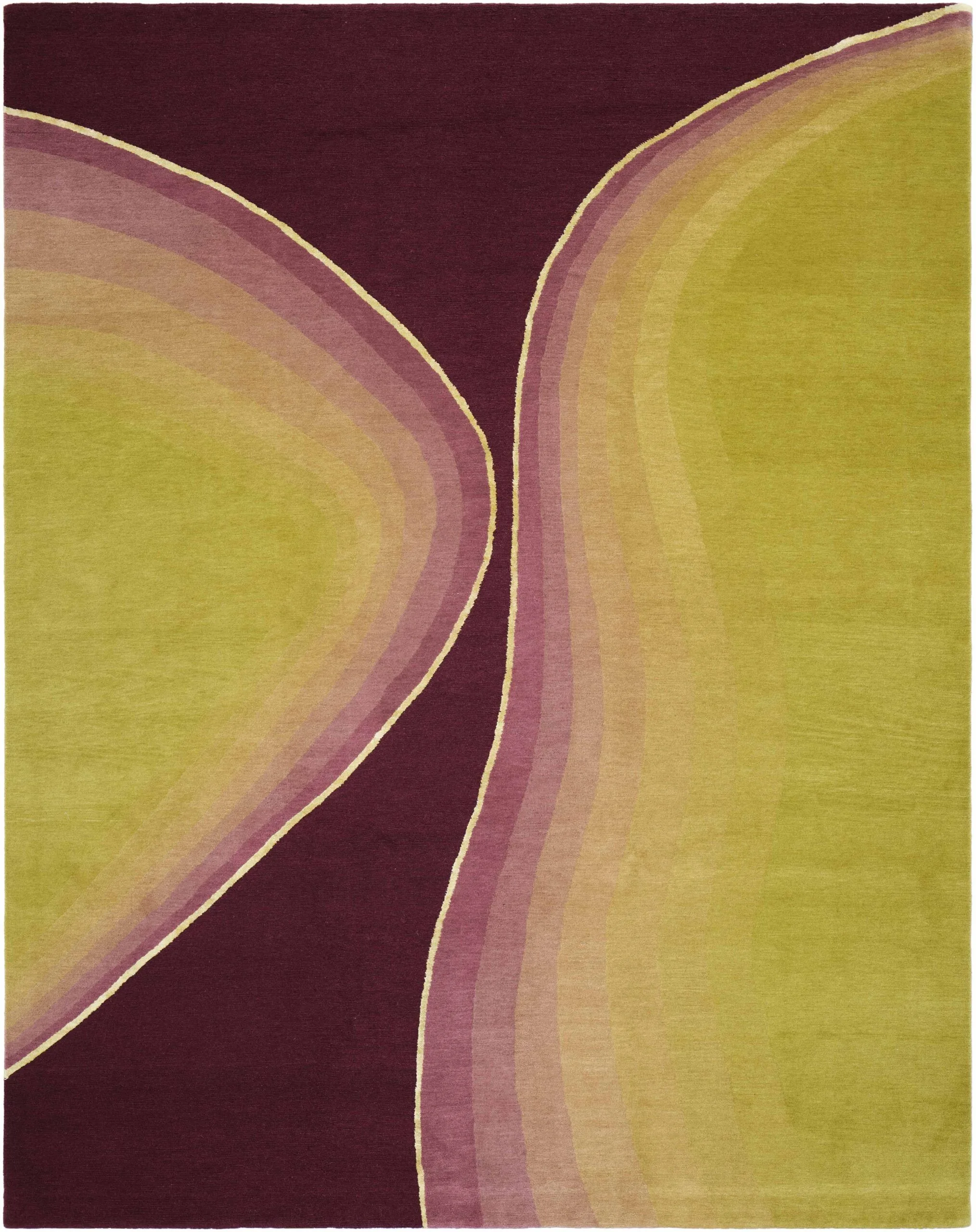 Abstract rug with overlapping curved shapes in olive green, burgundy, and pink symmetrical pattern.