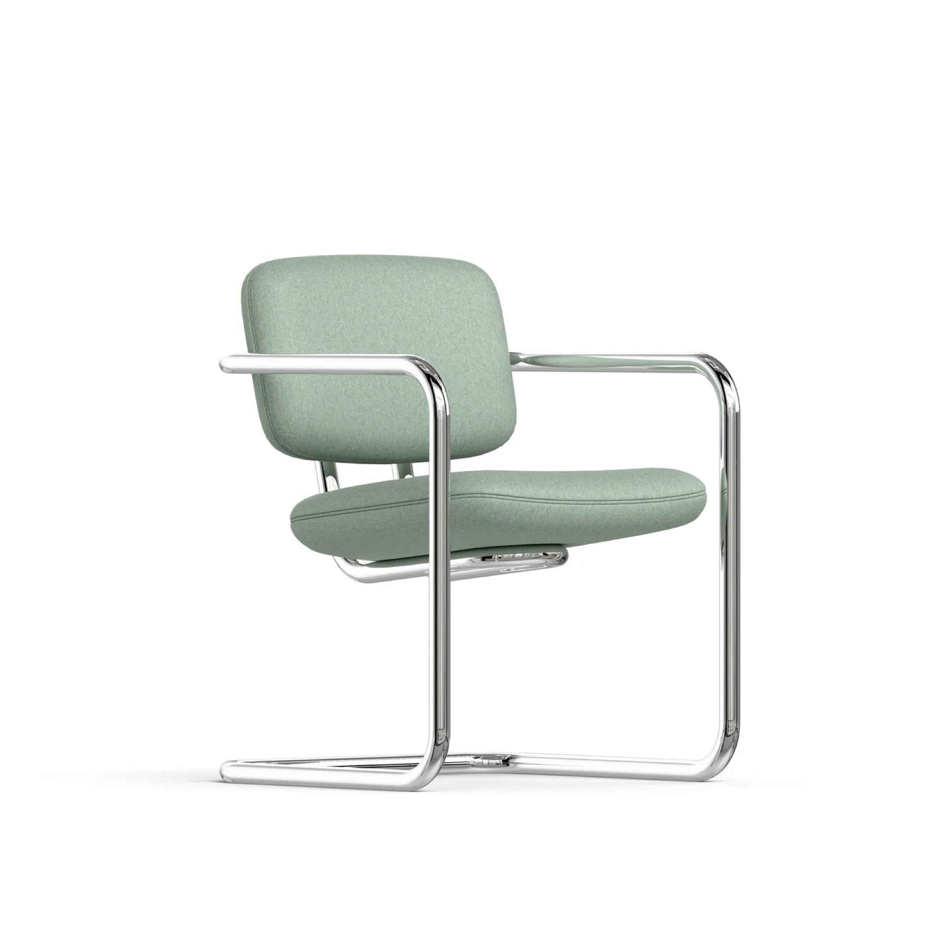 Modern chair with light green upholstery and cantilevered chrome metal frame.