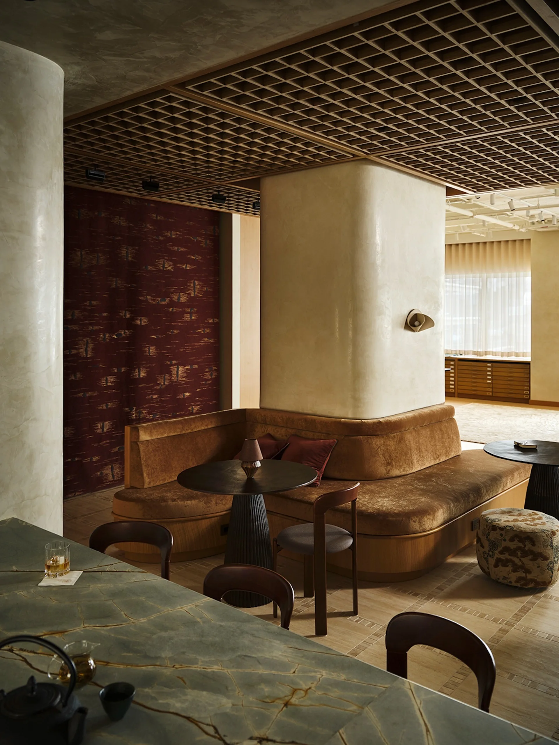 Sophisticated interior with a mix of modern and retro elements.