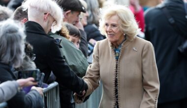 Queen Camilla wears the Welsh Guards Diamond Leek Brooch as she greets members of the public during their visit to Aberfan Memorial Garden to mark the 60th anniversary of the Aberfan disaster on Oct. 21, 2026 in Merthyr Tydfil, Wales.