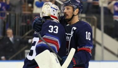 Dylan Garand makes 19 saves as Rangers hammer Canucks in first game since losing Igor Shesterkin