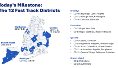Map showing the 12 Fast Track Districts in NYC with locations in Brooklyn, Manhattan, Queens, and Staten Island, highlighted in blue.