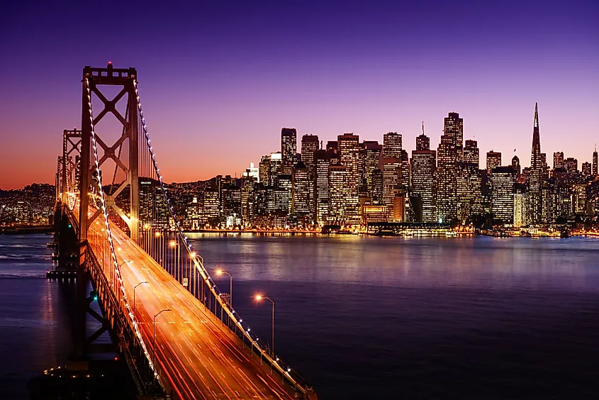 San Francisco skyline and the Bay Bridge at sunset, California.