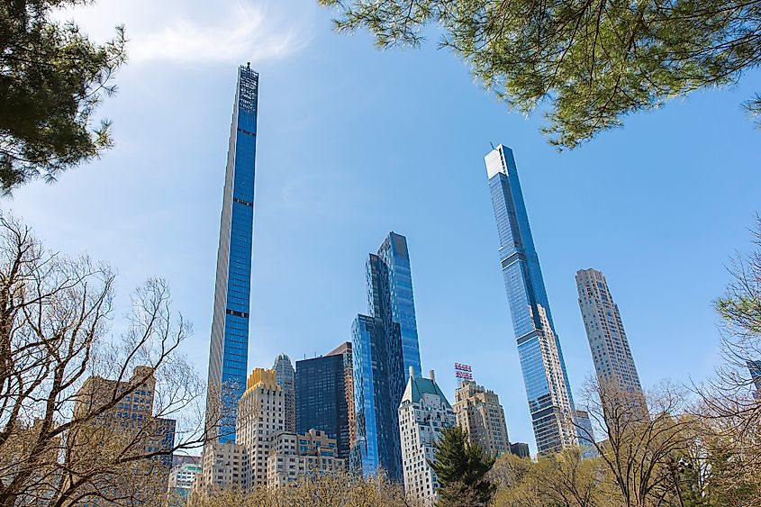 Central Park Tower and neighboring skyscrapers in Manhattan, viewed from Central Park.