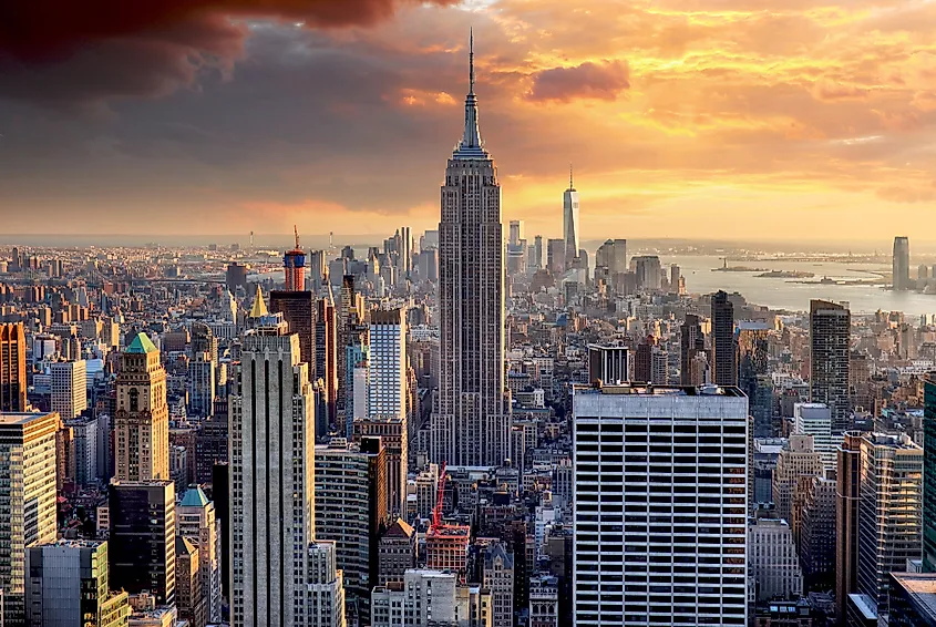 The Empire State Building standing out against the New York City skyline.