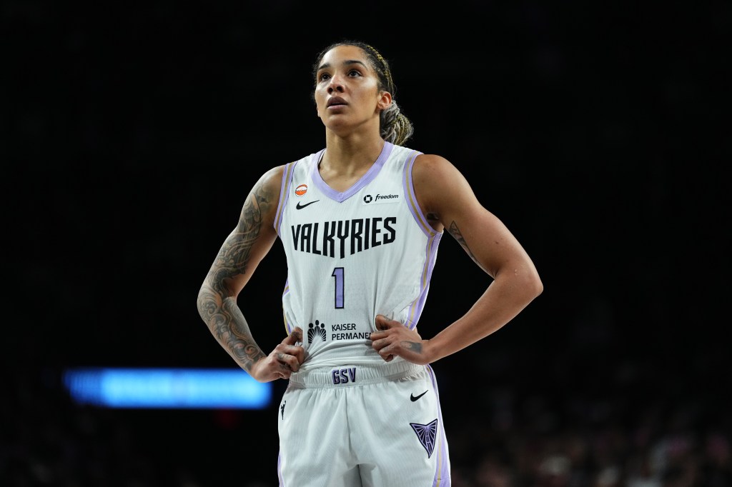 Gabby Williams of the Golden State Valkyries looks on during a WNBA game.