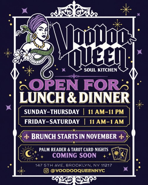 Voodoo Queen Soul Kitchen flyer: open for lunch and dinner at 147 Fifth Avenue in Park Slope
