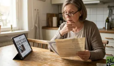 An older woman with short gray hair and glasses sits at a wooden table, looking intently at several paper documents she holds in her hands. Her left hand is resting near her chin in a contemplative pose. To her left, a black tablet in a stand displays a news article with the headline 'NEWS SECRETARY'S HIDDEN $9 MILLION FORTUNE'. The background shows a bright kitchen with a window and white cabinets.