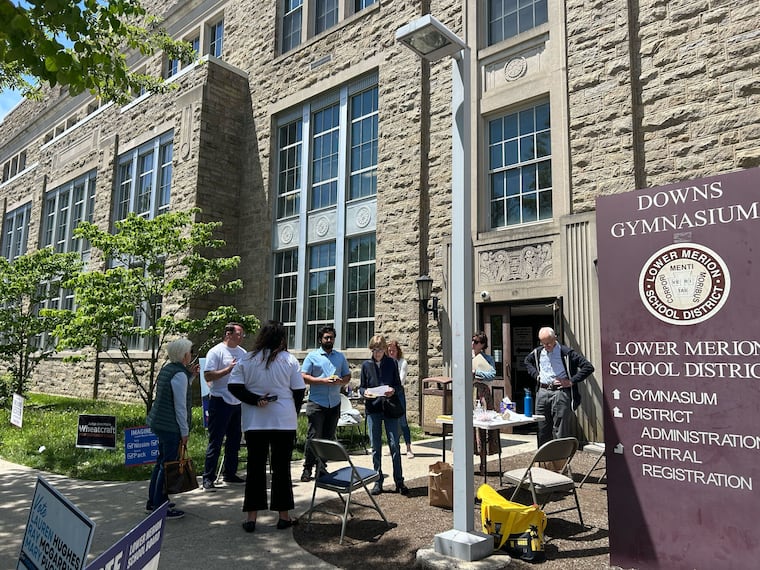 Canvassers at the entrance to the Lower Merion School District administration building on the primary election day.