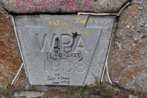The Works Progress Adminstration (WPA) built the stone wall around the Lookout on East Mountain in 1938. The cornerstone of the wall has been vandalized, in addition to other sections of the overlook on Rt. 307 in Scranton. (SEAN MCKEAG / STAFF PHOTOGRAPHER)
