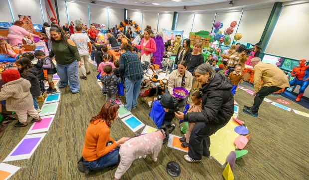 Local downtown daycares and preschools children receive treats Friday, Oct. 31, 2025, during a Trick-or-Treat Candy Land themed adventure hosted by Lehigh County at Government Center in Allentown. (April Gamiz/The Morning Call)