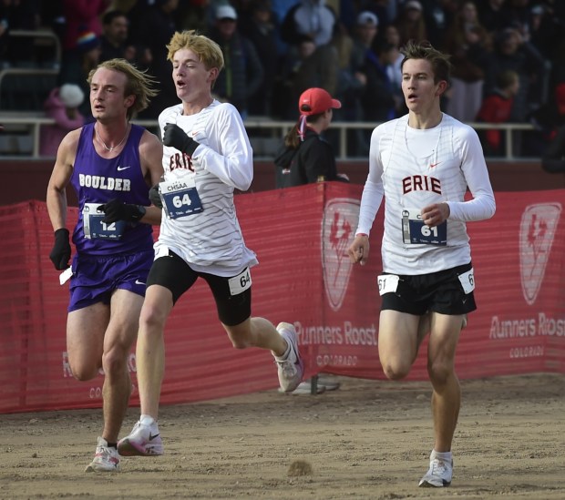 COLORADO SPRINGS Erie's Reid O'Brien (left) and Brett Michalski at the state cross country meet at Norris Penrose Event Center on Saturday, Nov. 1, 2025. (Photo by Brent W. New).