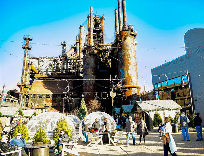 The Steelstacks decorated for the Christmas Market in Bethlehem, PA. 