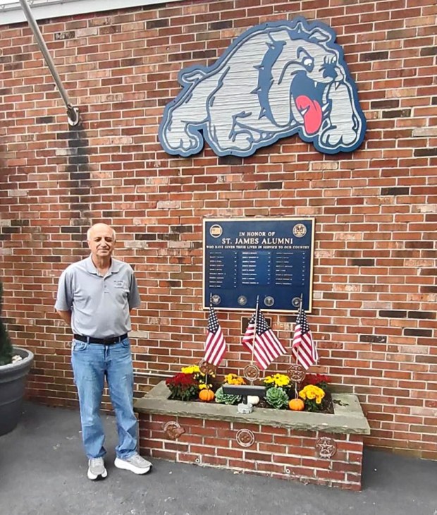 Air Force Veteran Ralph Galati, a 1966 graduate of the former St. James High School for Boys, outside the St. James Alumni Doghouse in Eddystone. (COURTESY OF AMERICAN VETERANS MEDIA)