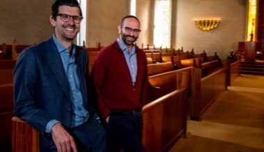 Rev. Adam Hearlson (left) of Overbrook Presbyterian Church and Rabbi Ethan Witkovsky pose at Temple Beth Hillel-Beth El in Wynnewood Tuesday, October. 28, 2025.  After a fire devastated the church building, the synagogue took the church in and what ensued was an interfaith partnership.