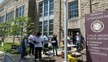 Canvassers at the entrance to the Lower Merion School District administration building on Election Day Tuesday, May 20, 2025.