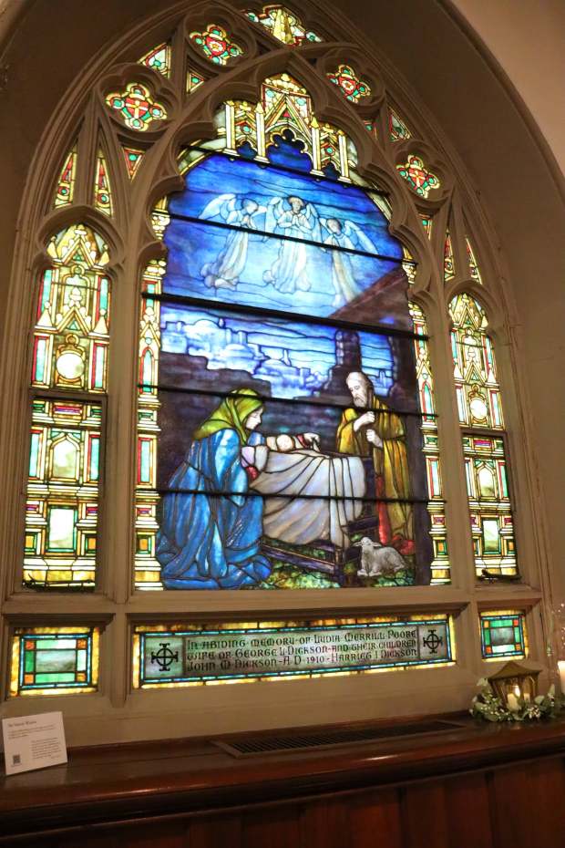 Historic Tiffany stained glass window depicting the Nativity, gifted to...