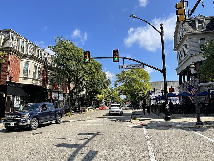 Eastbound Butler Avenue at the intersection with Spring Garden Street in Ambler, Pennsylvania.