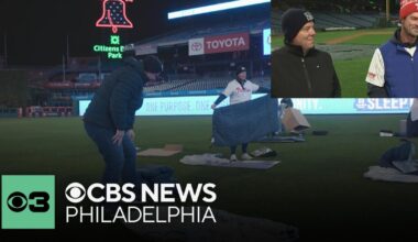 Phillies World Series MVP Cole Hamels, broadcaster Tom McCarthy "Sleep Out" at Citizens Bank Park