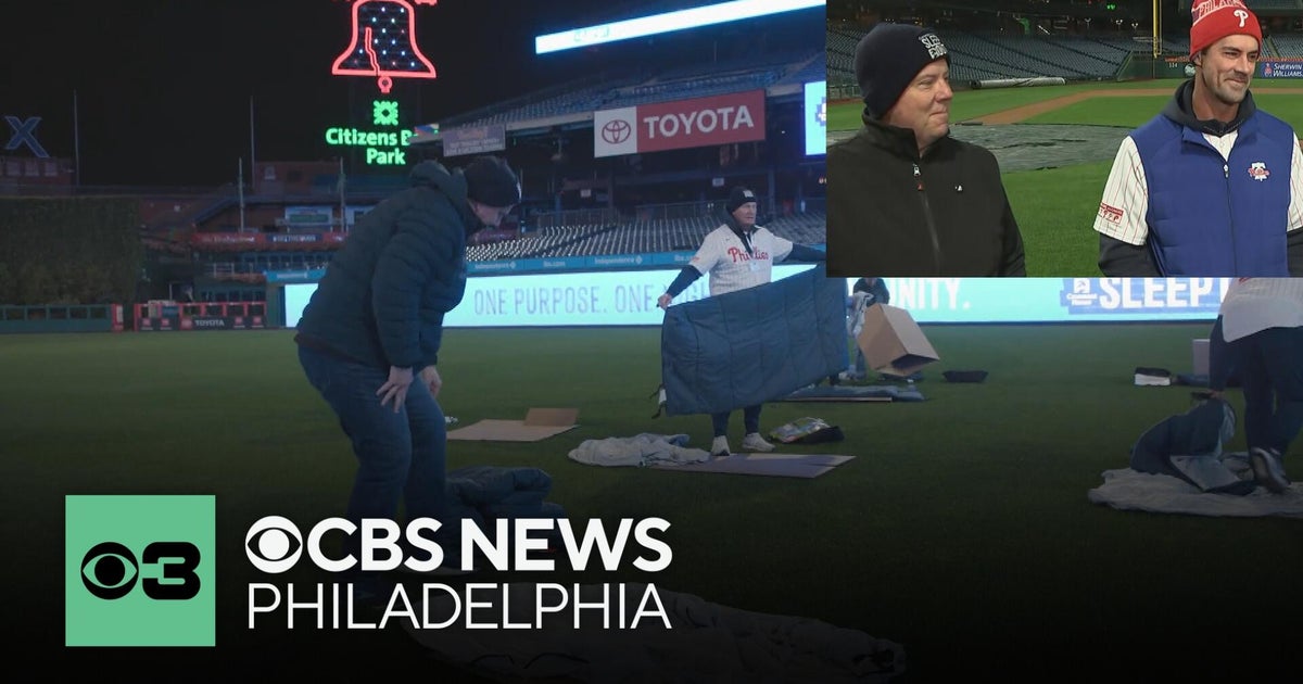 Phillies World Series MVP Cole Hamels, broadcaster Tom McCarthy "Sleep Out" at Citizens Bank Park