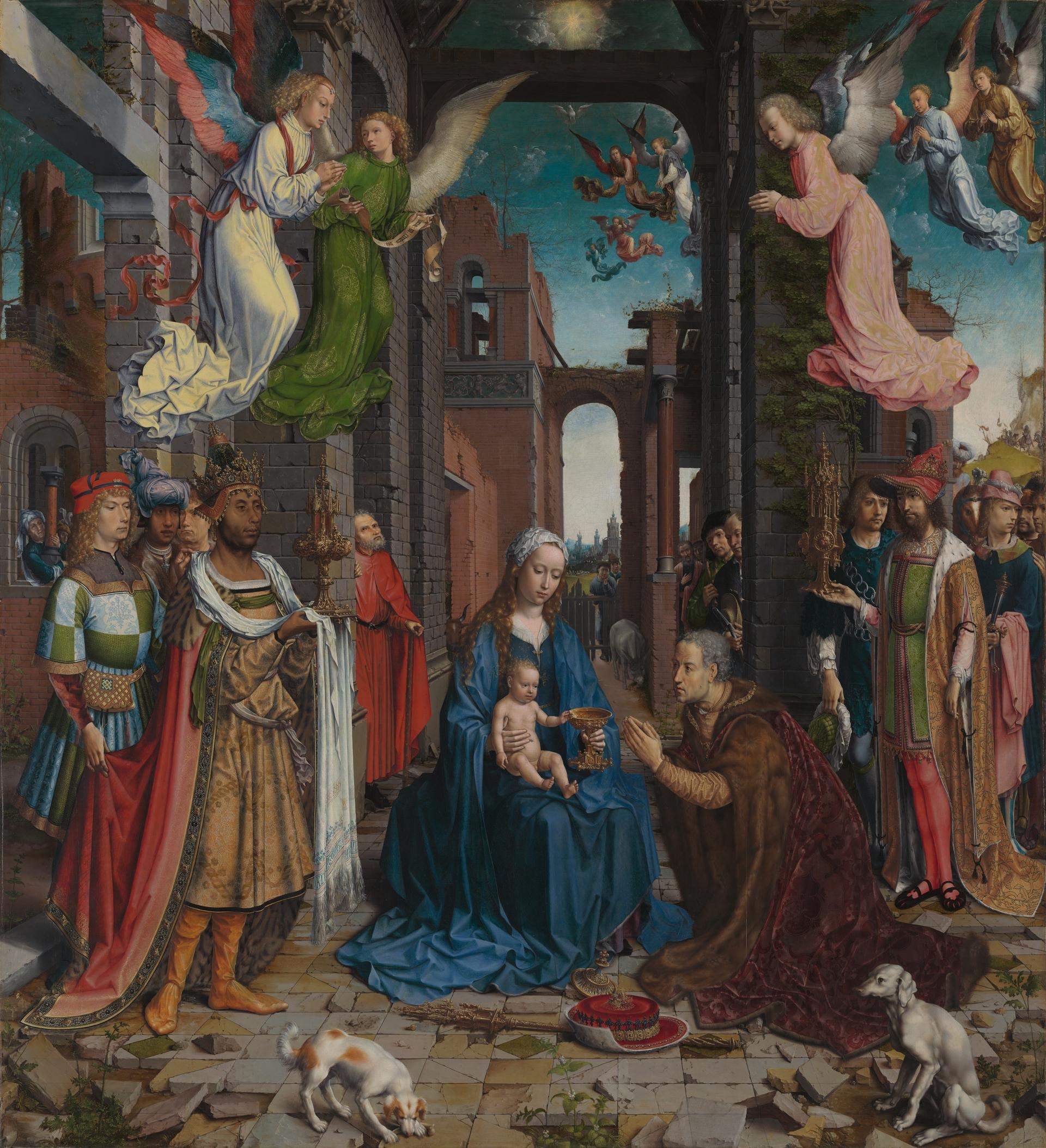 The Adoration of the Kings, with Mary, baby Jesus, and the three kings, surrounded by angels and onlookers in a classical ruined architectural setting.