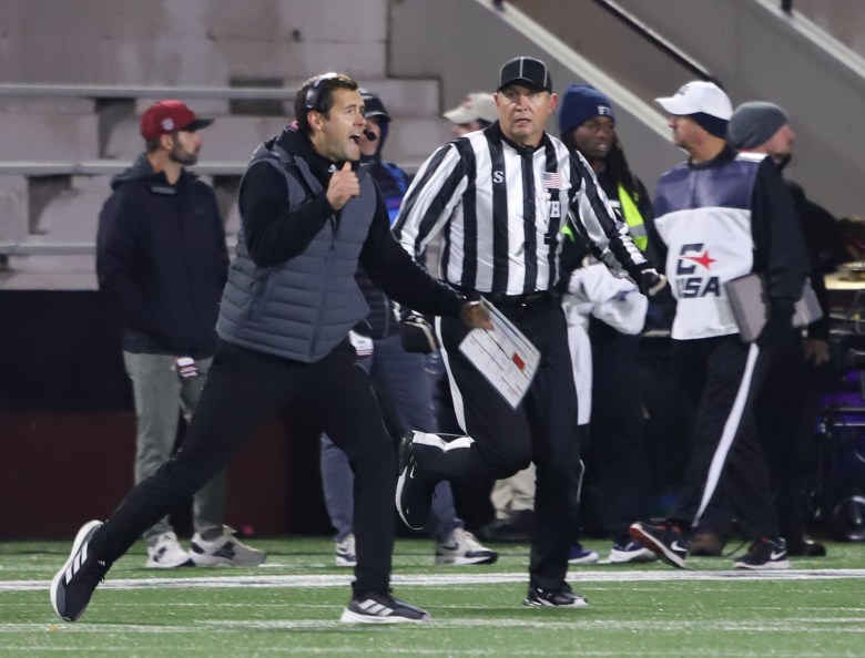Missouri State head football coach Ryan Beard celebrates after FIU's missed field goal