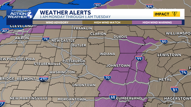 wind advisory and high wind warnings for western pa, west virginia, and maryland.