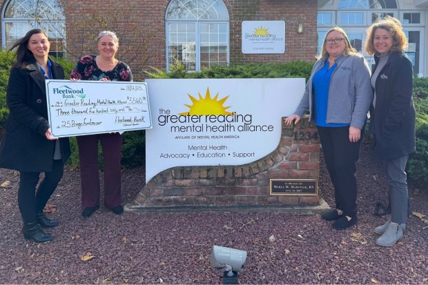 Fleetwood Bank's Community Gift Basket Bingo raised over $14,000 of which proceeds were evenly among the selected charities. Greater Reading Mental Health Alliance said the donation will allow the Alliance to continue their mission and to serve people in the community regardless of their ability to pay. (Photo courtesy of Fleetwood Bank)